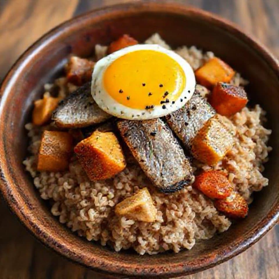 Sardine and Brown Rice Bowl with Fried Egg and Yam