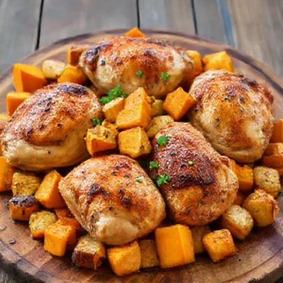 Roasted Chicken Thighs with Butternut and Potatoes