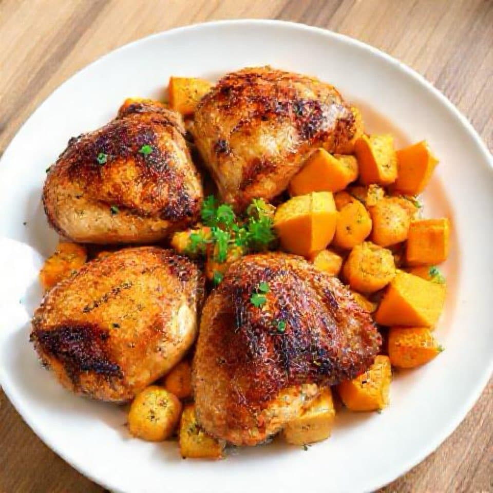 Pan-Seared Chicken Thighs with Sautéed Butternut and Potatoes