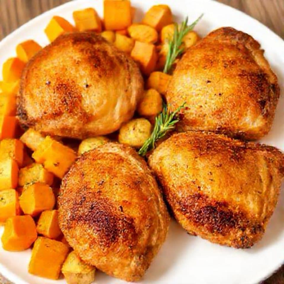 Air Fryer Chicken Thighs with Roasted Butternut and Potatoes