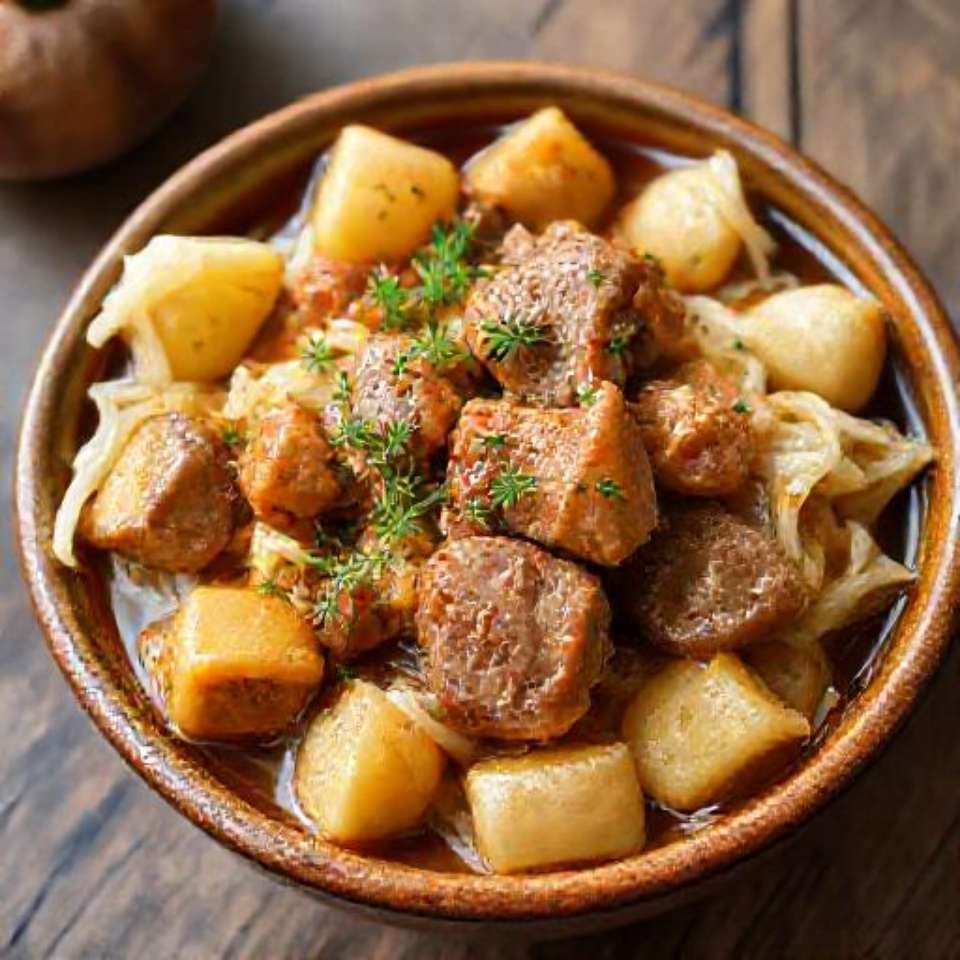 Свинина, тушеная с капустой и картофелем