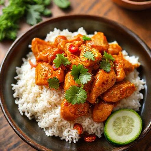매콤한 닭고기 덮밥 스타일 하이난 치킨 라이스