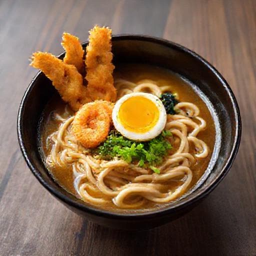 Udon-Suppe mit Tempura und Ei