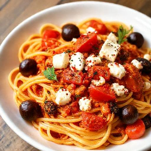 Spicy Feta Tomato Pasta with Kalamata Olives