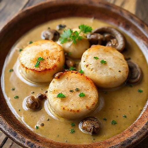 Saint-Jacques Poêlées à la Normande (Crème, Cidre et Champignons)