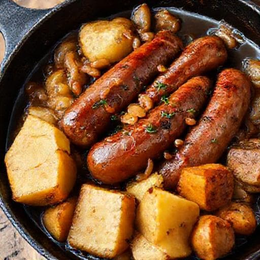 Jitrnice na pivě s pečenými brambory a cibulí