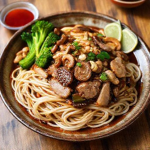ราดหน้าหมูหมักทรงเครื่อง (ใส่เห็ด)