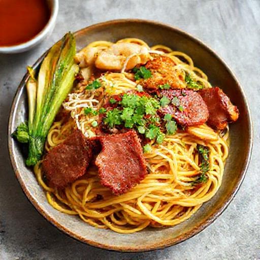 บะหมี่เกี๊ยวหมูแดงแห้งทรงเครื่อง