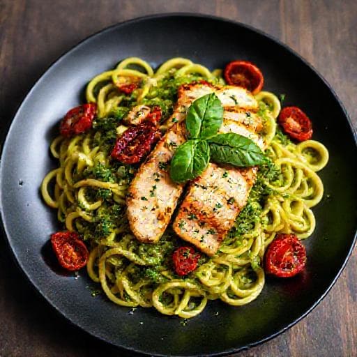 Pesto Pasta with Grilled Chicken and Sun-Dried Tomatoes