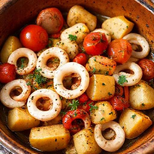 Lignje s krumpirom i povrćem iz pećnice (Dalmatinski stil)