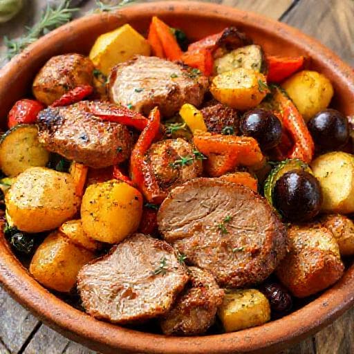 Pečena svinjetina s krumpirom i povrćem na mediteranski