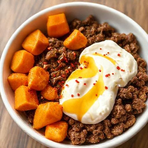 Quick & Easy Hot Honey Cottage Cheese Sweet Potato Beef Bowl