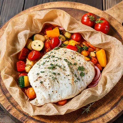 Riba u škartocu s mediteranskim povrćem i začinima