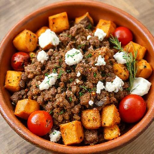 Mediteranska zdjelica s batatom, mljevenim mesom i svježim sirom