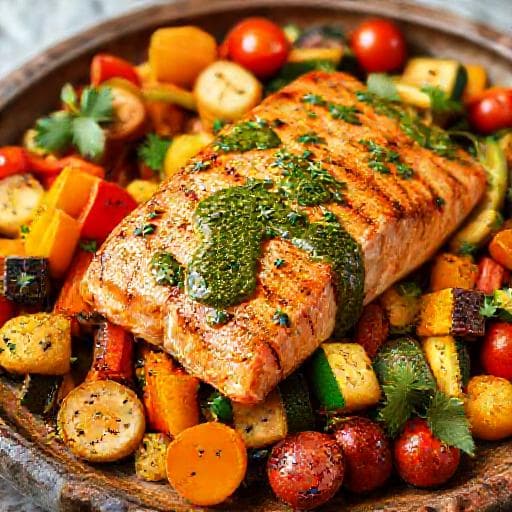 Losos s Chimichurri Umakom i Pečenim Povrćem
