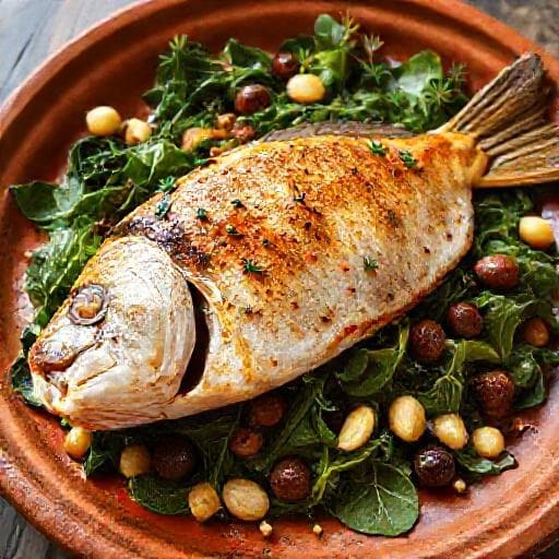 Baked Sea Bream with Chard, Pine Nuts, and Raisins