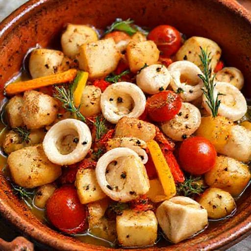 Lignje s krumpirom i povrćem iz pećnice (Oven-Baked Squid with Potatoes and Vegetables)