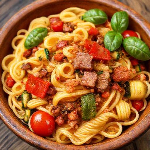 Žrnovski Makaruni with Smoked Pork and Vegetables