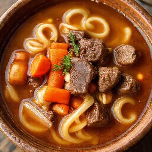 Goveđa juha s rezancima i povrćem (Hearty Beef Noodle Soup with Root Vegetables)