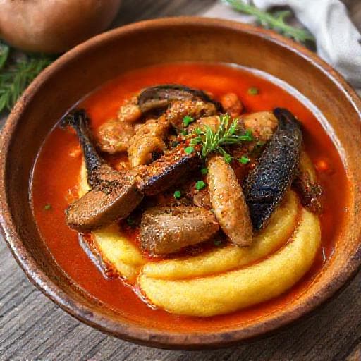 Brodet od Jegulje i Žaba with Polenta