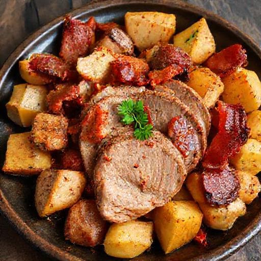 Dalmatian Pečena Svinjetina s Krumpirom (Pork and Potatoes with Smoked Bacon)