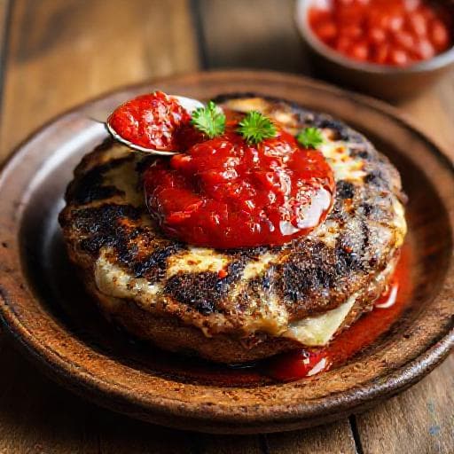 Spicy Pljeskavica sa sirom with Ajvar