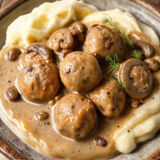 Köttbullar mit Pilzrahmsauce und Kartoffelpüree