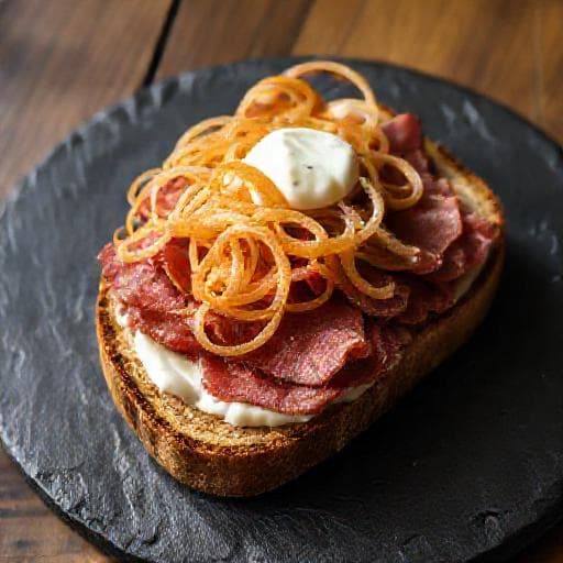 Regionales Smørrebrød mit Roastbeef und Röstzwiebeln