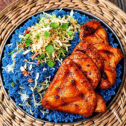 Nasi Kerabu Ayam Percik (Blue Rice with Spiced Grilled Chicken)