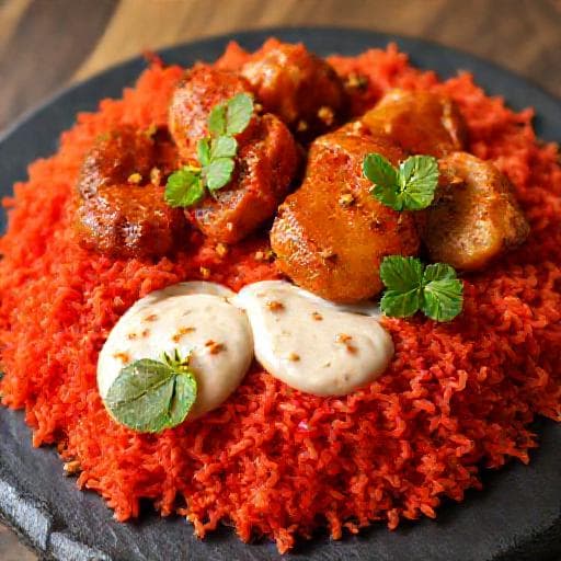 Nasi Tomato Ayam Masak Merah with Spiced Yogurt