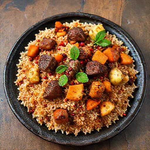 Nasi Arab Maqlubah with Spiced Lamb and Roasted Vegetables