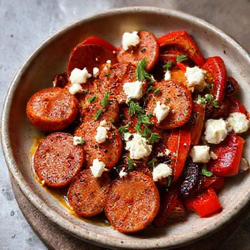 Spicy Lukanitsa with Roasted Peppers and Feta