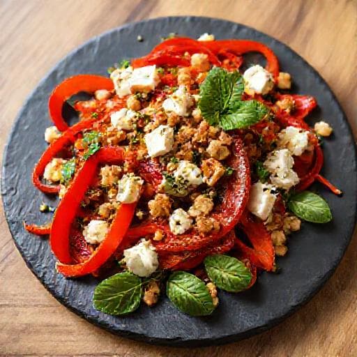 Roasted Pepper and Sirene Salad with Walnuts and Mint