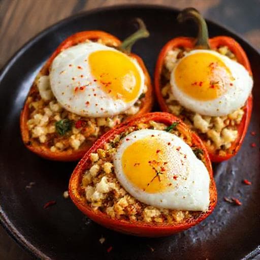Spicy Stuffed Peppers with Eggs, Sirene, and Chili