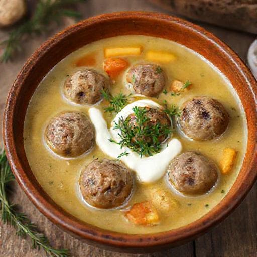 Csorbaleves húsgombóccal, tejfölös-kapros habarással
