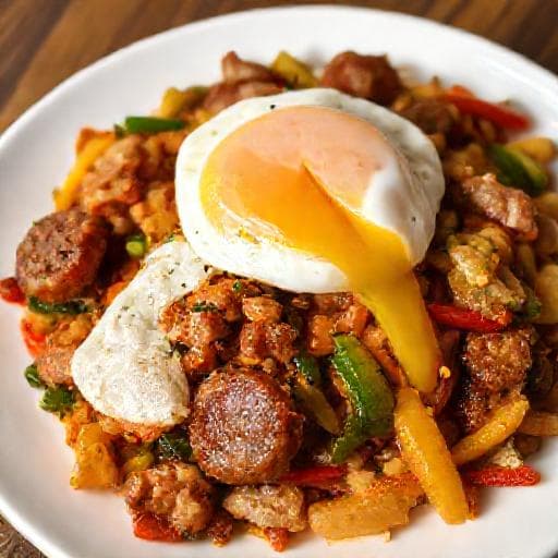 Alheira Salteada com Legumes e Ovo Escalfado