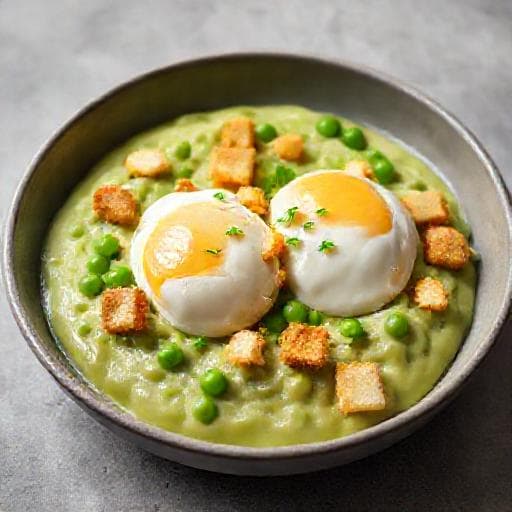 Ervilhas Cremosas com Ovos Escalfados e Croutons