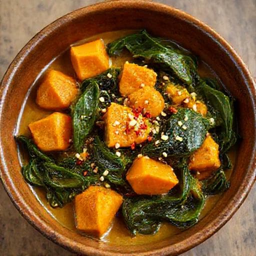 Caril de Amendoim com Batata Doce e Espinafres