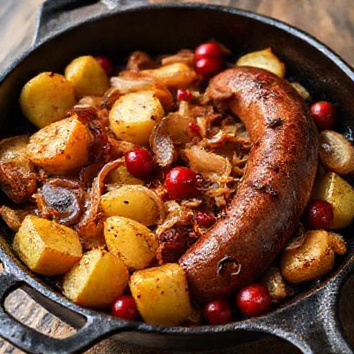 Biała Kiełbasa Pieczona po Góralsku z Żurawiną i Ziemniakami
