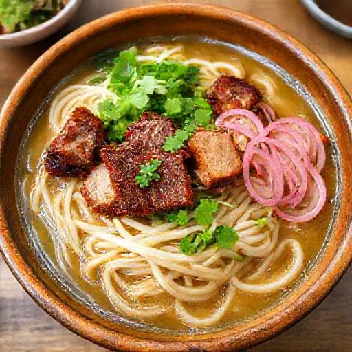 Cao Lầu with Crispy Pork Belly and Pickled Daikon