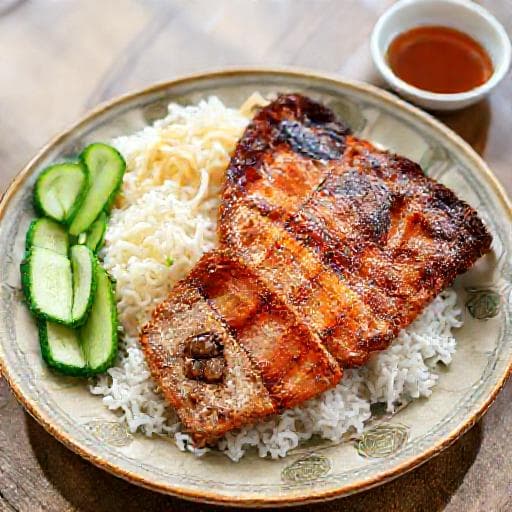 Cơm Sườn Nướng Chả Trứng (Grilled Pork Chop Rice with Egg Meatloaf)
