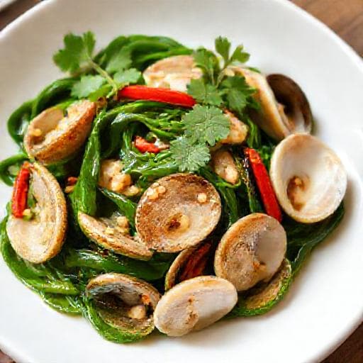 Ốc Móng Tay Xào Rau Muống (Stir-fried Razor Clams with Water Spinach)