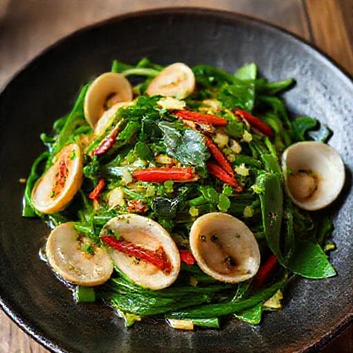 Ốc Móng Tay Xào Sả Ớt Rau Muống (Razor Clams with Lemongrass, Chili, and Water Spinach)