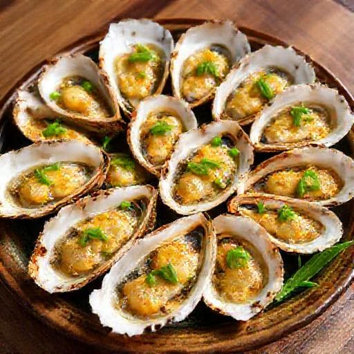 Hàu Nướng Phô Mai Sốt Mỡ Hành (Grilled Oysters with Cheese and Scallion Oil)