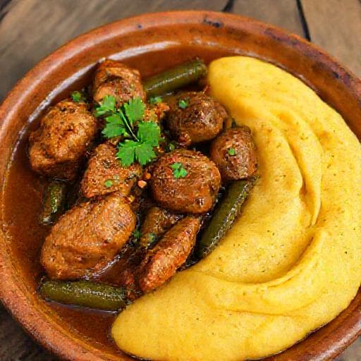 Frango Caipira Ensopado com Quiabo e Polenta
