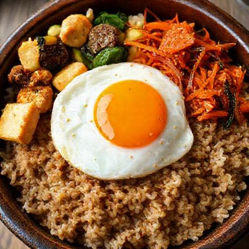 Vegetarische Bibimbap met Tofu en Gefermenteerde Groenten