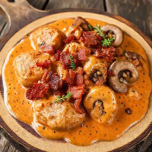 Paprika-Sahne-Hähnchen mit Speck und Pilzen