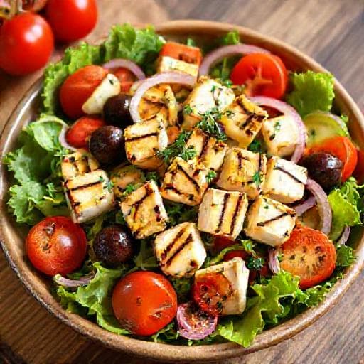 Souvlaki-Salat mit Halloumi und Zitronen-Dressing