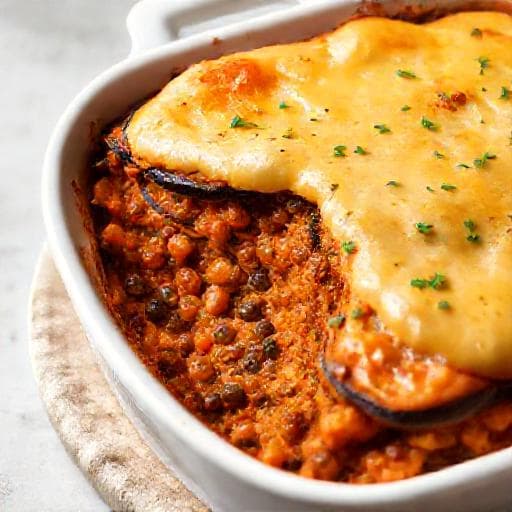 Moussaka mit Süßkartoffeln und Linsen