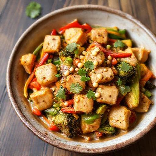 Schnelle Tofu-Gemüse-Pfanne mit Erdnusssauce